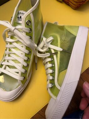 Adidas Women's Transparent Neon Green High-Top Sneakers size 9!